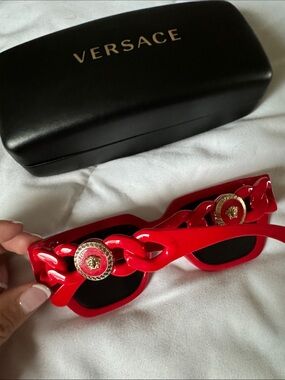 Versace Red Sunglasses with Gold Medallion Chain Temples